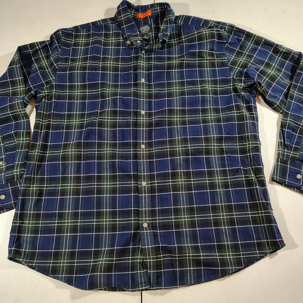 St. Johns Bay Shirt Men XL Navy/Green Plaid Office Dad Comfort Classic Long Slee